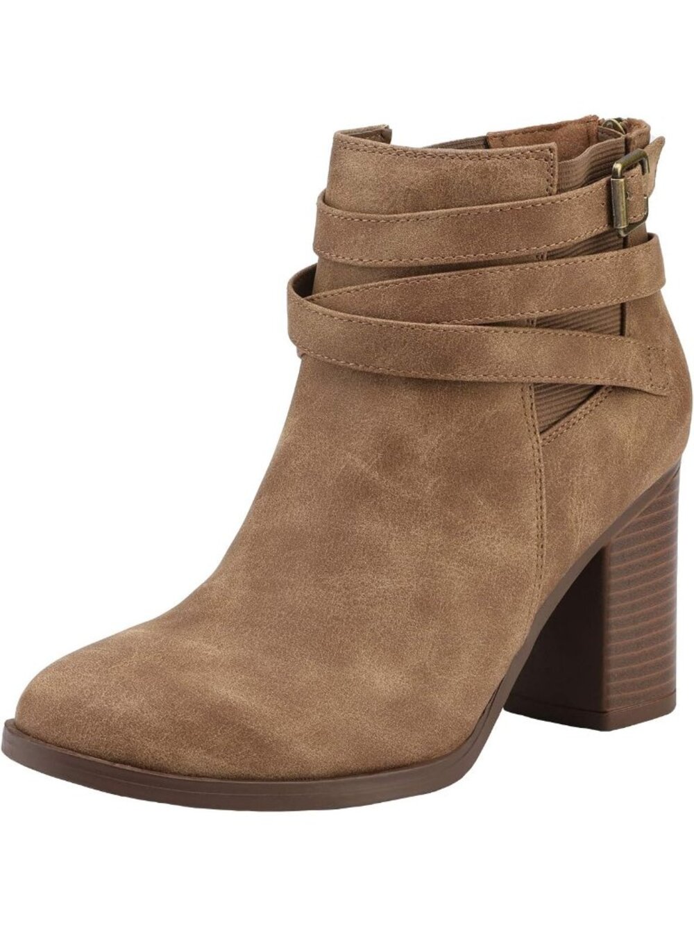 Women's Tan Chunky Stacked High Heel Faux Suede Closed Toe Ankle Booties